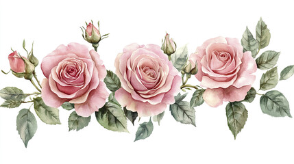 Blush pink watercolor roses paired with delicate green leaves create soft and elegant floral arrangement perfect for romantic and vintage design projects