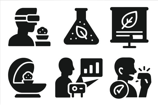 Digital Taste Lab Icons. Solid style icons of digital taste labs: virtual flavor test, lab with taste glow, projected result