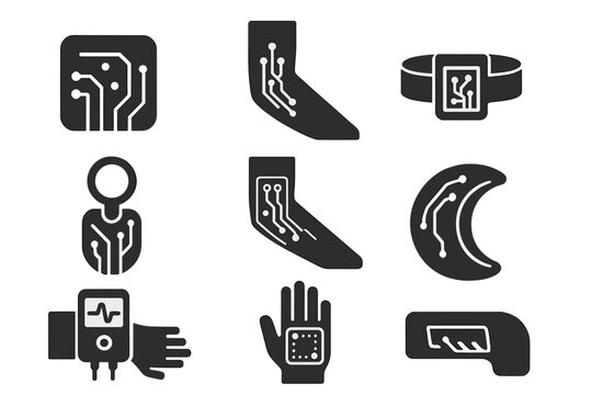 Body-Mounted Circuit Icons. Solid style icons of body-mounted circuits: flex PCB patch, bio-skin sensor, epidermal electronics