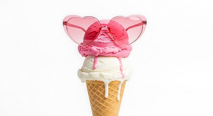 Ice cream cone with two scoops, pink and vanilla, topped with pink heart-shaped sunglasses against a white background.
