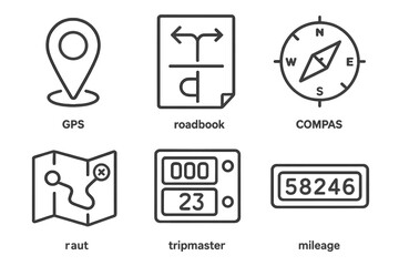 Rally Navigation Icons. Line style icons of rally navigation tools: GPS waypoint marker, roadbook icon, compass with route, map