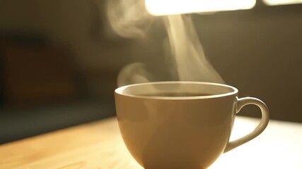 Steaming hot coffee in a light brown mug on a wooden table, cozy morning ambiance - Powered by Adobe