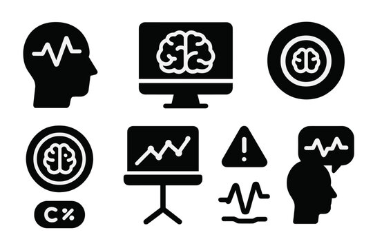 Brain Tracking Icons. Solid style icons of real-time brain tracking dashboards: head with graph icon, neuro panel glyph, data