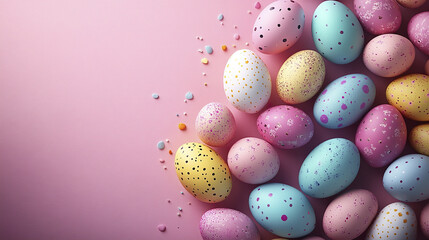 Colorful speckled Easter eggs in pastel shades of pink, blue, yellow, and white scattered on soft pink background, creating festive and cheerful springtime atmosphere