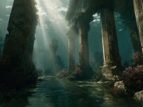Underwater ancient cityscape, weathered stone structures, corals, algae, sunlight filtering, colorful illumination, muted tones, cinematic effect, high resolution, high quality - AI-Generated