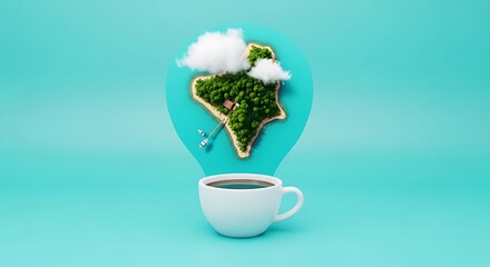Conceptual image of a coffee cup supporting a map of Kenya covered in greenery and clouds, resembling a hot air balloon, against a blue background.