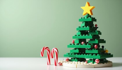 Green toy Christmas tree with candy canes on a light background. Creative holiday season concept for design and greeting card.