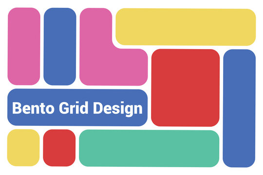 Modern bento grid design layout with vibrant gradient colored rounded rectangles and a central text area
