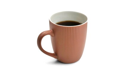 Photo of a ceramic coffee mug filled with fresh black coffee, featuring a ribbed textured surface and warm terracotta color, isolated on a clean white background.