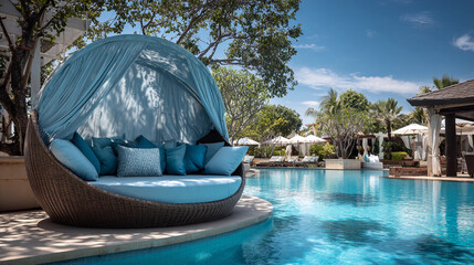 Relaxing poolside lounge surrounded by palm trees and luxury