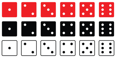 Game dice, icon. One to Six Dot Faces dice. Red, black and white dice Icon set. Casino Dice Icons. Vector illustration.
