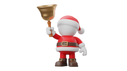 Festive 3D Santa ringing golden bell, spreading Christmas cheer and holiday spirit, perfect for seasonal greetings, promotions, and whimsical designs this winter