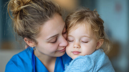 Caring nurse hugs a child in a hospital setting during the day