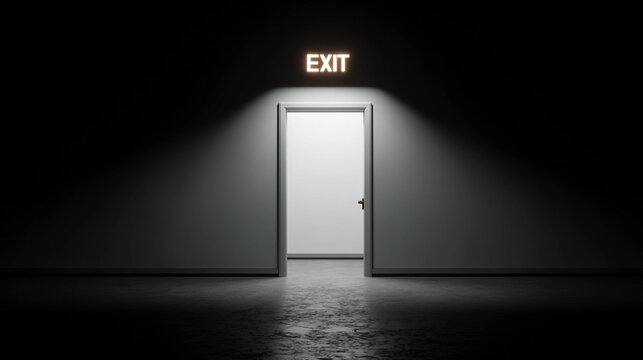 Bright exit door illuminates dark room environment