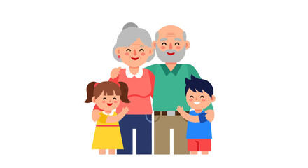 Obraz premium Joyful Family Portrait Depicting Elderly Couple with Grandchildren on Black Background
