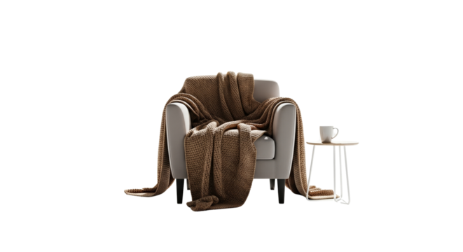 Cozy armchair draped with warm blanket and cup on side table, transparent background  