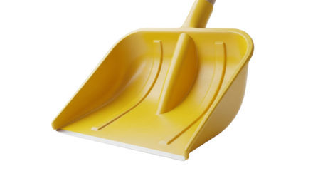 Yellow plastic snow shovel close-up with copy space isolated on a transparent background 