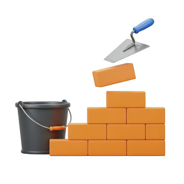 3d construction building a wall with bricks trowel and bucket on black transparent background