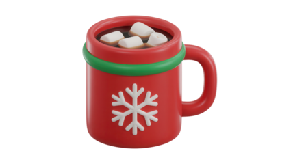 Cozy red mug filled with warm hot chocolate and fluffy marshmallows, adorned with a festive snowflake design and a green band, perfect for winter holidays.