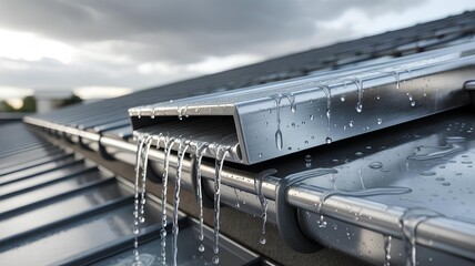 Rainwater harvest system on building roof capturing rainwater for reuse and conservation