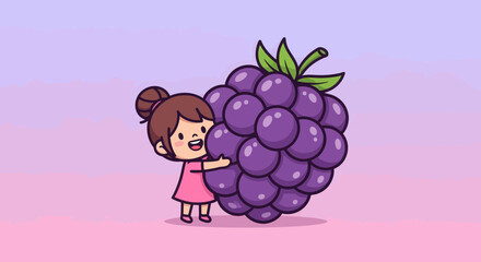 Joyful Girl Hugging a Luscious Bunch of Grapes Against a Soft Gradient Background