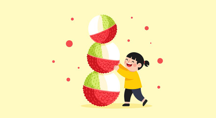 Joyful Girl Interacting With Stacked Lychees Against A Yellow Textured Backdrop