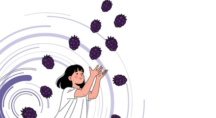 Joyful Girl Playing With Falling Blackberries While Spiraling Purple Graphic
