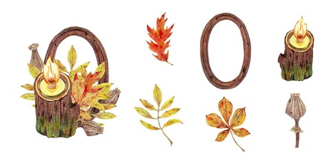 Oval wooden frame, poppy's dry heads, candle and leaves. Colored pencils set. For autumn party, retro vintage settings, diaries and planners decorated, stickers, greeting cards and banners clip arts