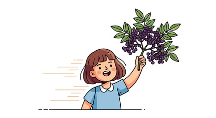 Joyful Girl Presents Botanical Find: A Charming Illustration of Natural Delight