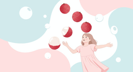Joyful Girl Playing With Lychees In Playful And Colorful Artistic Presentation