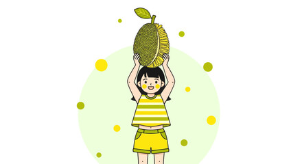 Joyful Girl Showcasing a Jackfruit Fruit Over Her Head in Delightful Pose