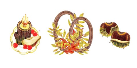 Oval wooden frames, ripe pear chestnut, candle leaves. Colored pencils set. For autumn party, retro vintage settings, diaries and planners decorated, stickers, greeting cards and banners clip arts