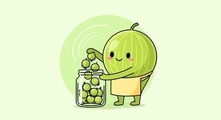 Joyful Gooseberry Character Filling Jar With Delightful Green Fruits For Healthy Harvest