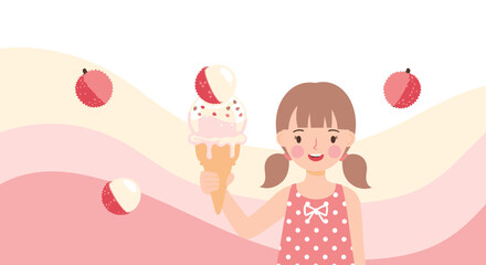 Joyful Girl With Ice Cream Cone And Exotic Fruit Aesthetic Illustration