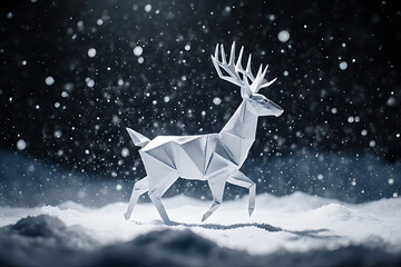 Elegant White Origami Deer Standing in a Snowy Winter Landscape with Falling Snow, Minimalist Holiday Art