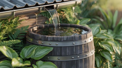 Tranquil rainwater harvest scene featuring a wooden barrel and lush greenery during rainfall