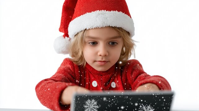 Caucasian child in santa hat looking at snowflakes on tablet display - Powered by Adobe