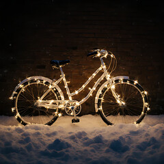 White Bicycle Decorated with Fairy Lights in the Snow at Night, Magical Winter Holiday Concept


