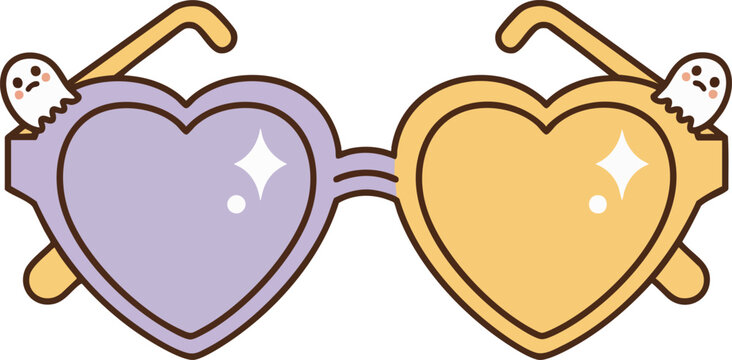 Cute cartoon heart-shaped glasses with adorable ghost characters peeking out from the sides. Perfect for Halloween or fun, quirky designs