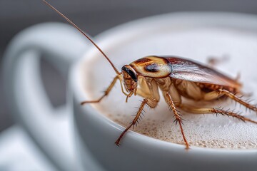 Close-up of a cockroach perched on a frothy coffee cup, showcasing intricate details of the insect's body and the creamy texture of the beverage, highlighting an unusual juxtaposition