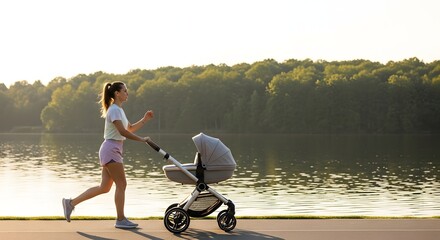 A woman jogging with a stroller alongside a lake with trees in the background on a sunny day