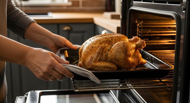 A person placing a roasted chicken in a black oven with a towel and a metal rack inside of the oven