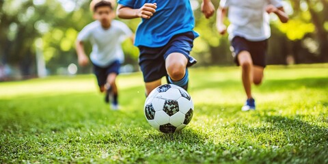 kids playing soccer outdoors in a park on a sunny day
