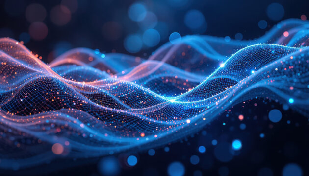 Abstract digital art featuring blue and orange waves with bokeh effect