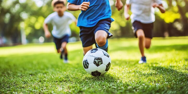 kids playing soccer outdoors in a park on a sunny day