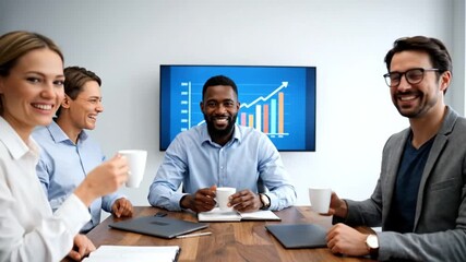 Diverse business team smiling and enjoying coffee break in a modern meeting room - Powered by Adobe