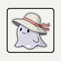 Cute ghost character wearing a stylish wide-brimmed hat, ready for a summer outing