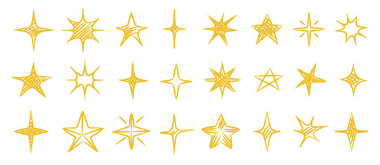 Gold crayon doodle stars set. Sparkle hand drawn  collection. Children style yellow pencil elements. Vector illustration