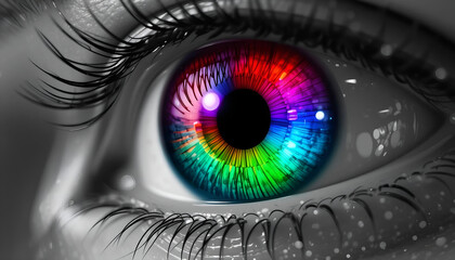 Extreme Close-Up of a Human Eye with a Vibrant Rainbow Colored Iris and Detailed Eyelashes on a Monochromatic Grayscale Background, Concept for Vision, Creativity, Diversity, or Technology