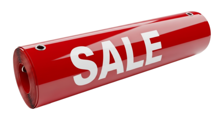 Rolled red vinyl banner with metal eyelets displaying SALE text  , isolated on a transparent background 